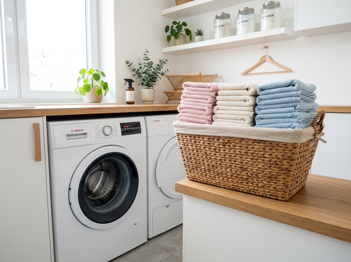 Neatly folded fresh laundry basket next to washing machine